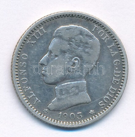 Spanyolország 1903SM-V 1P Ag 'XIII. Alfonz' T:3 Spain 1903SM-V 1 Peseta Ag 'Alfonso XIII' C:F Krause KM#721