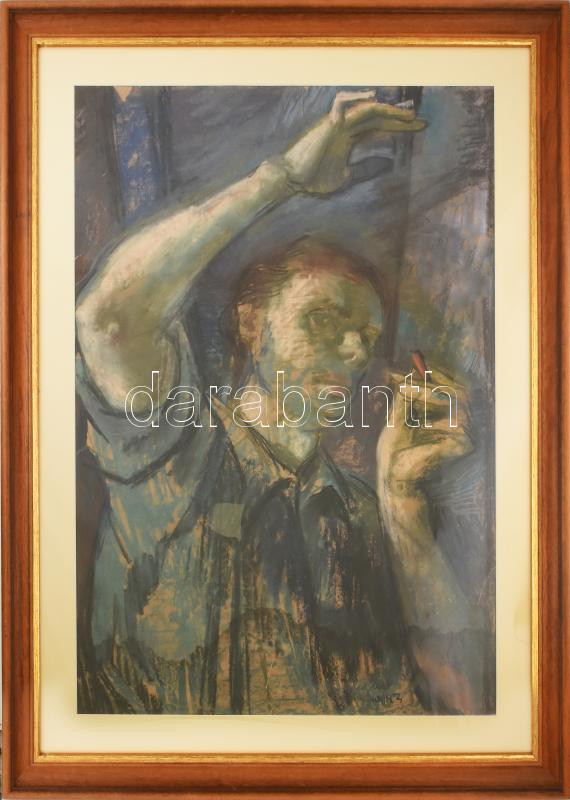 Hajnal János (1913-2010): Önarckép, 1943. Pasztell, papír, jelezve jobbra lent, sérült. Üvegezett fakeretben. 96,5x63 cm. KIZÁRÓLAG SZEMÉLYES ÁTVÉTEL, NEM POSTÁZZUK! / ONLY PERSONAL COLLECTION AT OUR OFFICE!