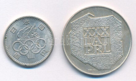 Japán 1964. 100Y Ag 'Tokiói Olimpia 1964' + Lengyelország 1974. 200Zl Ag '30 éves a Népköztársaság' T:1-,2 patina, kis ph Japan 1964. 100 Yen Ag '1964 Summer Olympics Tokyo' + Poland 1974. 200 Zlotych Ag '30th Anniversary of People's