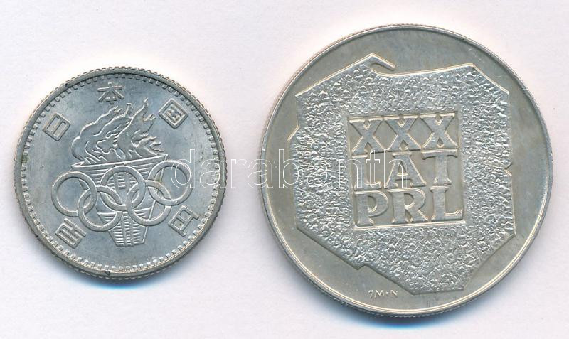 Japán 1964. 100Y Ag 'Tokiói Olimpia 1964' + Lengyelország 1974. 200Zl Ag '30 éves a Népköztársaság' T:1-,2 patina, kis ph Japan 1964. 100 Yen Ag '1964 Summer Olympics Tokyo' + Poland 1974. 200 Zlotych Ag '30th Anniversary of People's