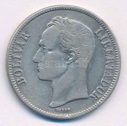 Venezuela 1936. 5B Ag 'Bolívar' T:2- ph. Venezuela 1936. 5 Bolívares Ag 'Bolívar' C:VF edge error Krause KM#24