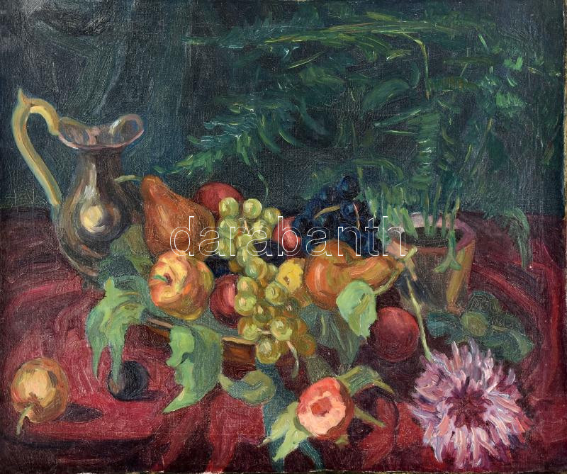 Jelzés nélkül, feltehetően XX. sz. első felében működött festő: Csendélet. Olaj, vászon, kartonra ragasztva. 50x58,5 cm