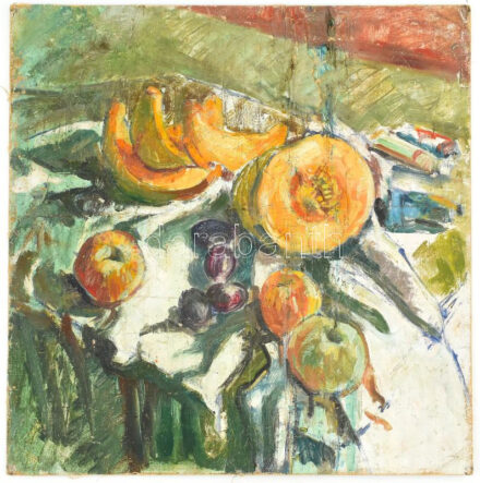 Jelzés nélkül: Csendélet. Olaj, vászon, farostra kasírozva. 49x49 cm