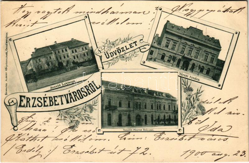 1900 Erzsébetváros, Dumbraveni; Honvéd laktanya, Városi tanács, városháza, Takarékpénztár szálloda, étterem és kávéház. Scholtes Albert kiadása / K.u.K. military barracks, town hall, savings bank, hotel, restaurant and café. Art