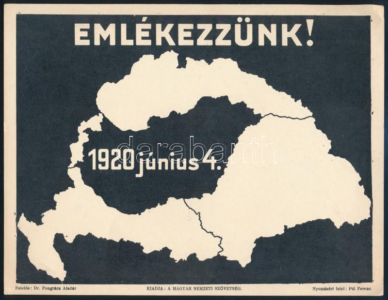 cca 1920 'Emlékezzünk! 1920. június 4.', kiadja: Magyar Nemzeti Szövetség