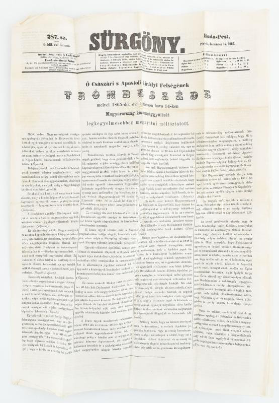 1865 Ferenc József trónbeszéde az Országgyűlés megnyitásakor a Sürgöny c. újságban