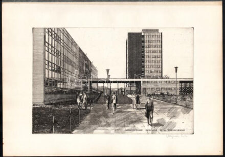 Veszprémi Endre (1925-2013): Könnyűfémmű irodaház és a toronyszálló (Székesfehérvár). Rézkarc, papír, jelzett, 19x29 cm