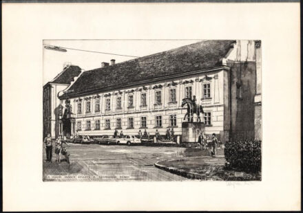 Veszprémi Endre (1925-2013): Városi tanács ápülete a Szabadsá téren (Székesfehérvár). Rézkarc, papír, jelzett, 19x29 cm