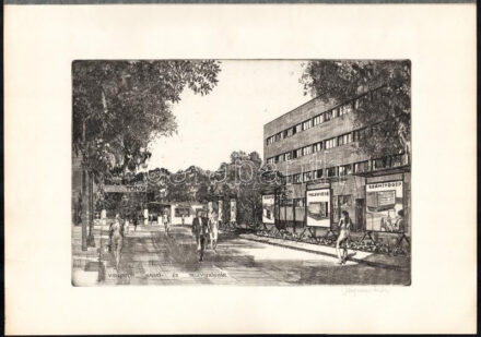 Veszprémi Endre (1925-2013): Videoton Rádió- és Televíziógyár (Székesfehérvár). Rézkarc, papír, jelzett, 19x29 cm