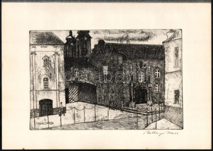 Ballagó Imre (1915-1997): Székesfehérvár, tanácsháza. Rézkarc, papír, jelzett, 19x29 cm