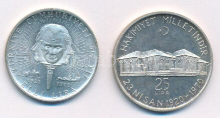 Törökország 1973. 50L Ag '50 éves a Köztársaság' + 1970. 25L Ag 'Az Ankarai Nemzetgyűlés 50. évfordulója' T:1-,2 Turkey 1973. 50 Lira Ag '50th Anniversary of Republic' + 1970. 25 Lira Ag '50th Anniversary of National Assembly in Ankara'