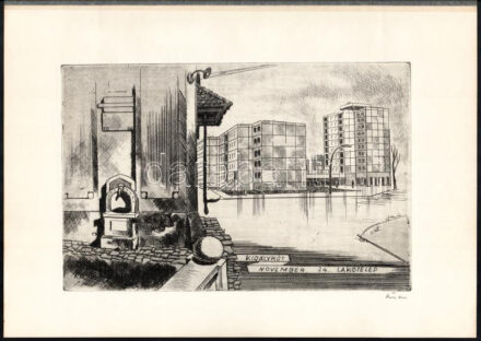 Áron Nagy Lajos (1913-1987): Királykút, November 24. lakótelep (Székesfehérvár). Rézkarc, papír, jelzett, 19x29 cm