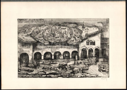 Olvashatatlan jelzéssel, 5 db grafika: Székesfehérvár részletek (Romkert, Szabadság tér stb.). Rézkarc, papír, 19x29 cm