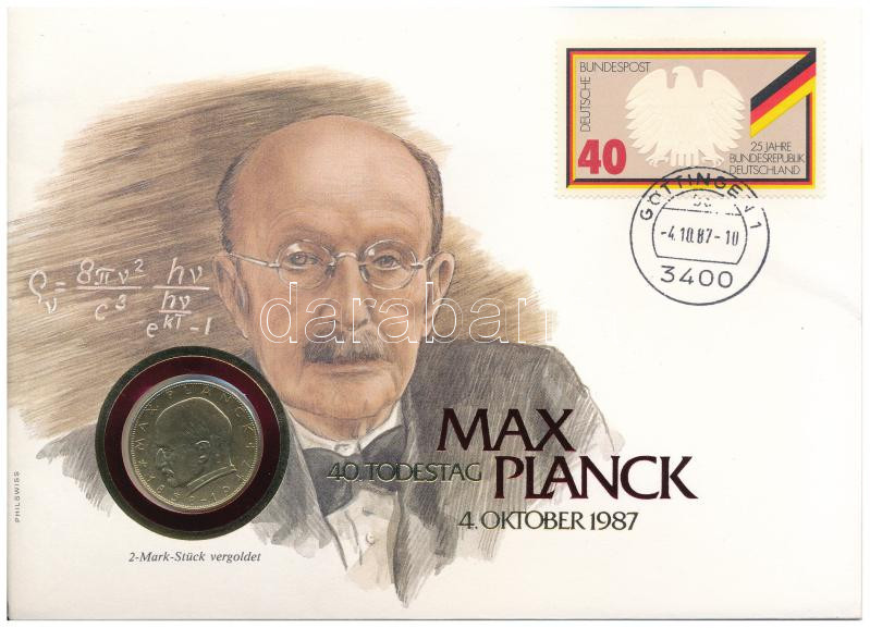 NSZK 1958F 2M aranyozott Cu-Ni 'Max Planck' érmés borítékon bélyegzős bélyeggel, német nyelvű leírással T:2 GFR 1958F 2 Mark gilt Cu-Ni 'Max Planck' in coin letter with stamp with description in German C:XF