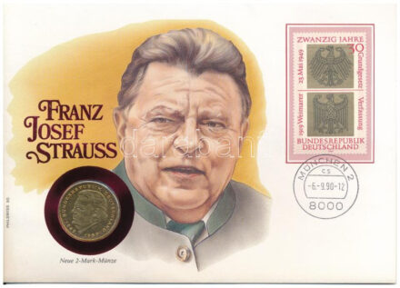 NSZK 1990D 2M aranyozott Cu-Ni 'Franz Josef Strauss' érmés borítékon bélyegzős bélyeggel, német nyelvű leírással T:2 GFR 1990D 2 Mark gilt Cu-Ni 'Franz Josef Strauss' in coin letter with stamp with description in German C:XF
