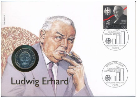 NSZK 1994G 2M Cu-Ni 'Ludwig Erhard' érmés borítékon bélyegzős bélyeggel, német nyelvű leírással T:1- patina GFR 1994G 2 Mark Cu-Ni 'Ludwig Erhard' in coin letter with stamp with description in German C:AU patina