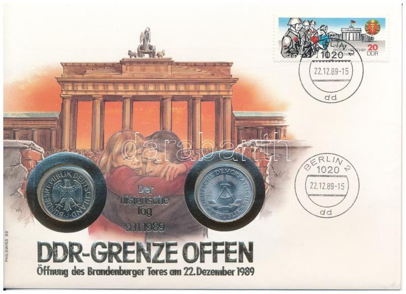 NSZK 1989J 1M Cu-Ni + NDK 1982. 1M Al érmés borítékon NDK bélyeggel, bélyegzéssel, német nyelvű leírássalT:1 GFR 1989J. 1 Mark Cu-Ni + GDR 1982. 1 Mark Al in coin letter with GDR stamp with description in German C:UNC