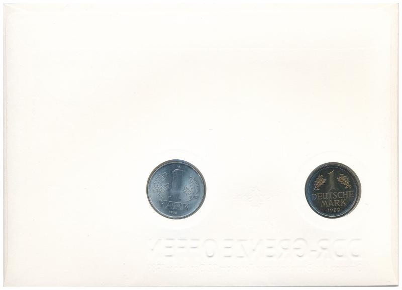 NSZK 1989J 1M Cu-Ni + NDK 1982. 1M Al érmés borítékon NDK bélyeggel, bélyegzéssel, német nyelvű leírássalT:1 GFR 1989J. 1 Mark Cu-Ni + GDR 1982. 1 Mark Al in coin letter with GDR stamp with description in German C:UNC - Image 2