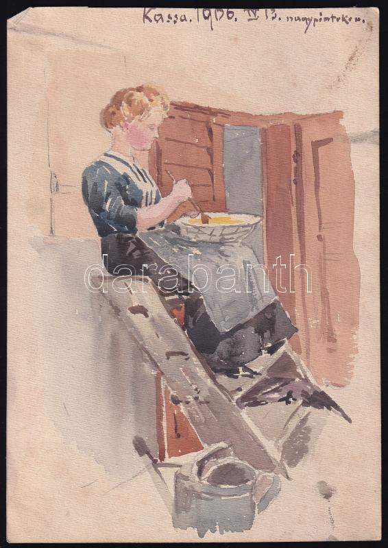 Ócsvár Rezső (1877-1968): Kassai életkép, Nagypéntek, 1906. Akvarell, papír, jelzés nélkül, Ócsvár Rezső autográf datálásával és helymeghatározásával, 22,5×16 cm. / watercolour on paper, unsigned, but with autograph description
