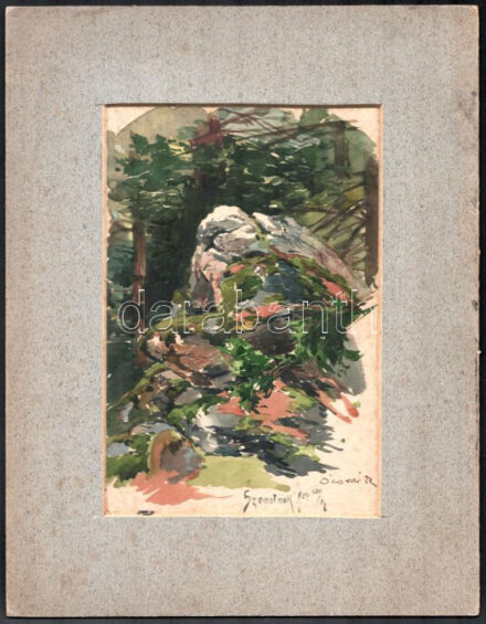 Ócsvár Rezső (1877-1968): Szomolnok, 1904. Akvarell, papír, jelzett, paszpartuban, 20×13,5 cm. / watercolour on paper, signed