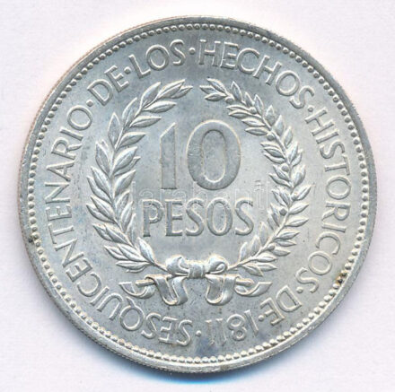 Uruguay 1961. 10P Ag 'A Spanyolország elleni forradalom 150. évfordulója' T:1- patina, apró karc Uruguay 1961. 10 Pesos Ag 'Sesquicentennial of Revolution Against Spain' C:AU patina, small scratch Krause KM#43