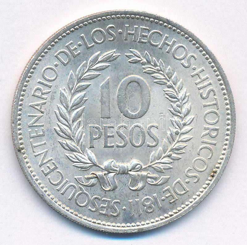 Uruguay 1961. 10P Ag 'A Spanyolország elleni forradalom 150. évfordulója' T:1- patina, apró karc Uruguay 1961. 10 Pesos Ag 'Sesquicentennial of Revolution Against Spain' C:AU patina, small scratch Krause KM#43