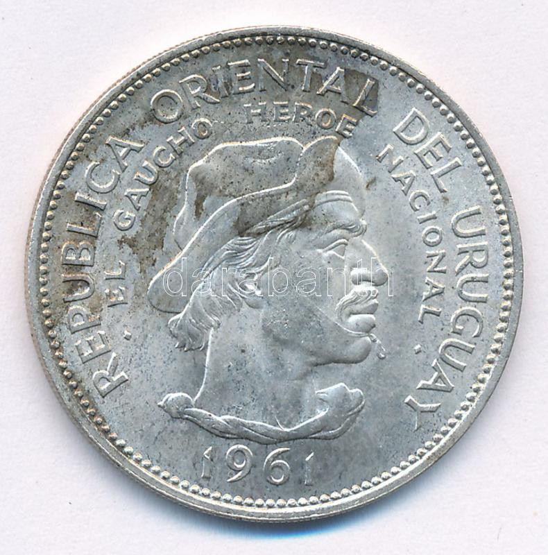 Uruguay 1961. 10P Ag 'A Spanyolország elleni forradalom 150. évfordulója' T:1- patina, apró karc Uruguay 1961. 10 Pesos Ag 'Sesquicentennial of Revolution Against Spain' C:AU patina, small scratch Krause KM#43 - Image 2