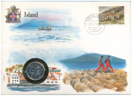 Izland 1984. 5Kr, felbélyegzett érmés borítékban, bélyegzéssel, német nyelvű leírással T:1 Iceland 1984. 5 Kronur in coin envelope with stamp and cancellation, with German description C:UNC