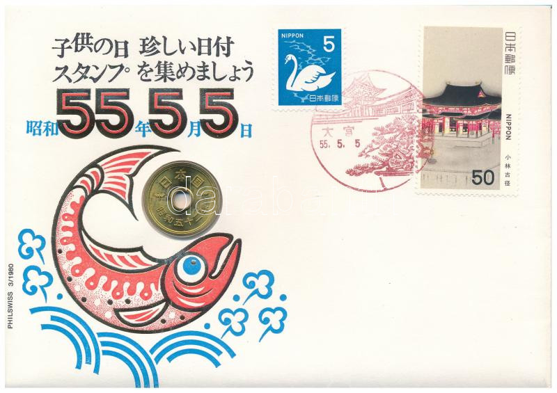 Japán 1977. 5Y érmés borítékban, bélyegekkel és alkalmi bélyegzéssel T:1 Japan 1977. 5 Yen in coin envelope with stamps and cancellation C:UNC