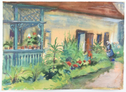 Szilágyi Ilona (1904-1985): Nagymarosi virágzó kert. Akvarell, papír, jelzett. Széle sérült. 36,5×51 cm.