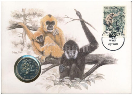 Vietnám 1990. 10D Cu-Ni 'Gibbon' emlékérme felbélyegzett érmés borítékban, alkalmi bélyegzéssel T:1 patina Vietnam 1990. 10 Dong Cu-Ni 'Gibbon' commemorative coin in coin envelope with stamp, and cancellation C:UNC patina
