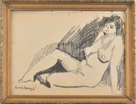 Anna Margit jelzéssel: Fekvő női akt. Olaj, fa. Dekoratív, üvegezett fakeretben, 18x24,5 cm.