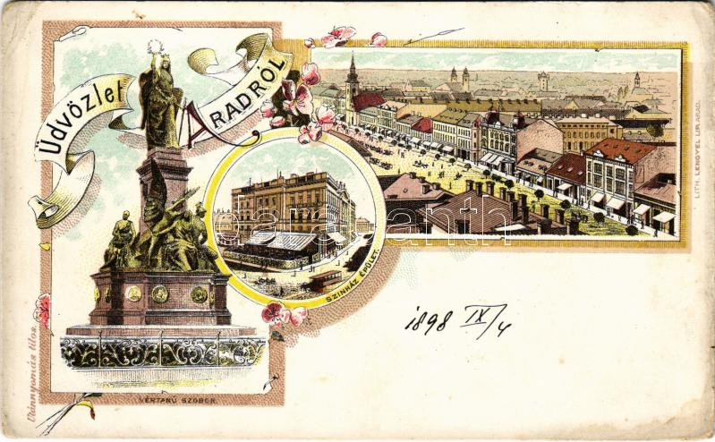 Arad, Vértanú szobor, Színház épülete. Lengyel Lip. / Martyrs' statue, theatre. Art Nouveau, floral, litho (EB)