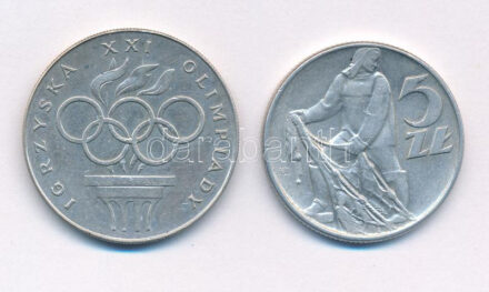 Lengyelország 1976. 200Zl Ag 'XXI. Olimpia' + 1958. 5Zl Al T:1- patina Poland 1976. 200 Złotych Ag 'XXI Olympics' + 1958. 5 Złotych Al C:AU patina Krause Y#86