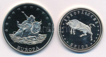 Németország 1997. 10E Cu-Ni 'Európa elrablása' euró fantáziaveret + 2001. 'Az Európai Unió 10. évfordulója' Cu-Ni emlékveret (35mm) T:PP kis patina Germany 1997. 10 Euro Cu-Ni 'The Abduction of Europa' euro fantasy coin + 2001. '10th