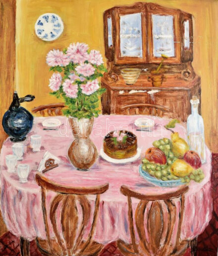 Vörös Géza jelzéssel: Enteriőr. Olaj, farost. Kissé vetemedett. Apró felületi sérülésekkel. 80x69 cm.