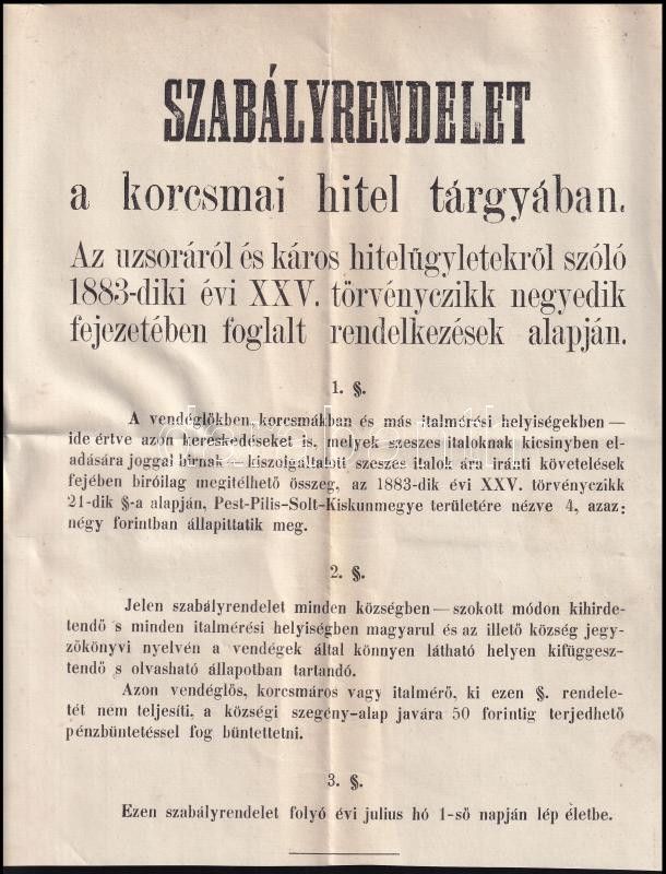 1884 Szabályrendelet a korcsmai hitel tárgyában falragasz 22x28 cm