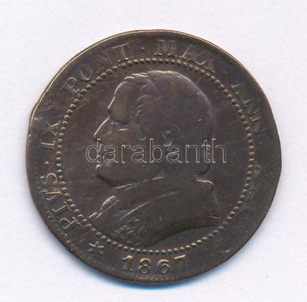 Olasz Államok / Pápai Állam 1867R 1S (5c) Cu 'IX. Pius' T:3 patina, ütésnyom Italian States / Papal State 1867R 1 Soldo (5 Centesimi) Cu 'Pius IX' C:XF,VF patina, ding Krause KM#1372