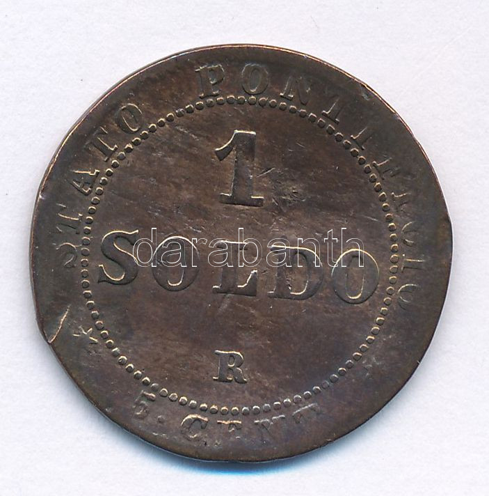 Olasz Államok / Pápai Állam 1867R 1S (5c) Cu 'IX. Pius' T:3 patina, ütésnyom Italian States / Papal State 1867R 1 Soldo (5 Centesimi) Cu 'Pius IX' C:XF,VF patina, ding Krause KM#1372 - Image 2