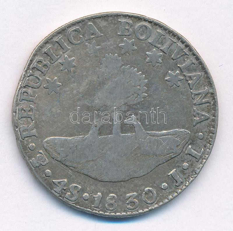 Bolívia 1830JL 4S Ag (13,18g) T:3 Bolivia 1830JL 4 Soles Ag (13,18g) C:F Krause KM#96a.1 - Image 2