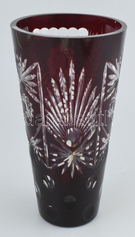 Kristály váza. Vörös, csiszolt, hibátlan 20 cm