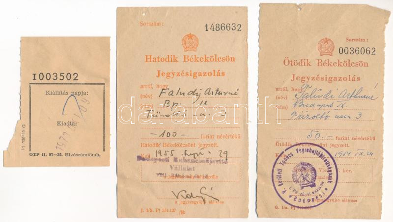 1955. 'Hatodik Békekölcsön' nyereménykölcsön 50Ft-ról szárazpecséttel, '41/A 66605' + 2db jegyzésigazolás és 1db OTP ellenőrző szelvény(?) T:III kis szakadás, fo. - Image 3
