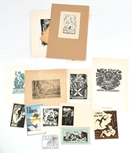 Vegyes ex libris tétel, 19 db, közte Reich Károly, Gyulai Liviusz, Bordás, Parobek és mások, különféle nyomótechnikákkal, különféle méretben.