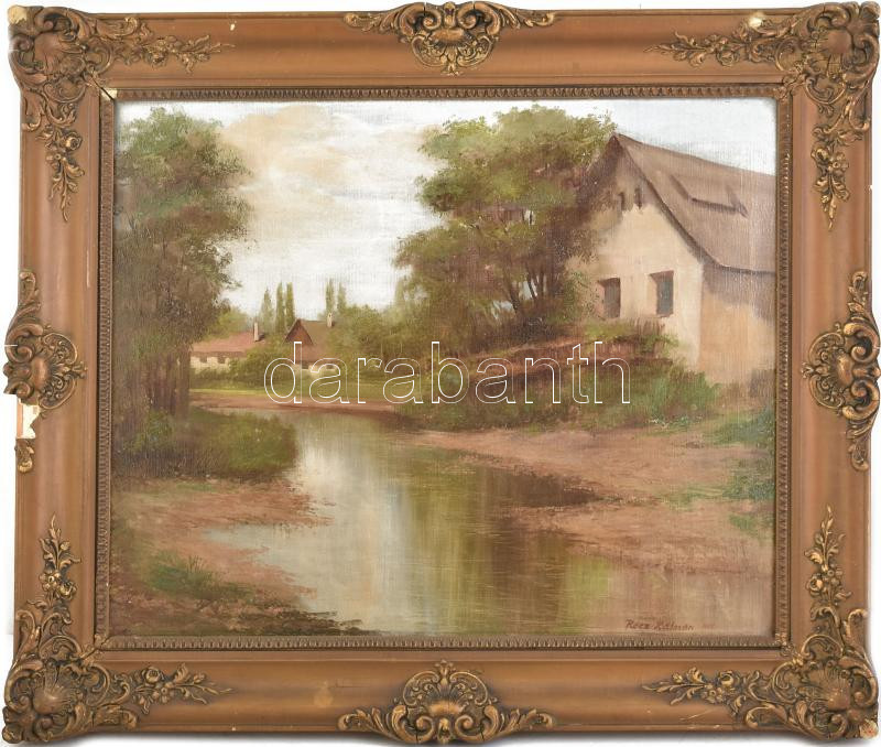 Rácz Kálmán (1908-1994): Patakpart. Olaj, vászon, jelzett. Dekoratív, sérült fakeretben, 50×60 cm