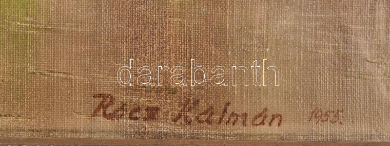 Rácz Kálmán (1908-1994): Patakpart. Olaj, vászon, jelzett. Dekoratív, sérült fakeretben, 50×60 cm - Image 2