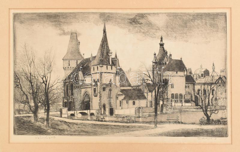Gaál Domokos (1940-2009): Városliget, rézkarc, papír, jelzett, paszpartuban, 30×50 cm