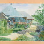 Lenkei Lehel jelzéssel: Parasztudvar, akvarell, papír, kartonra ragasztva, 25×35 cm