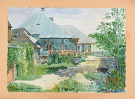 Lenkei Lehel jelzéssel: Parasztudvar, akvarell, papír, kartonra ragasztva, 25×35 cm