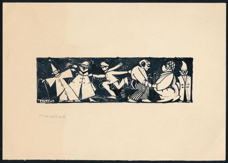 Borbély László (1939-): Maszkabál, tus, papír, jelzett, publikálva: Népszavában, 4,5x15 cm