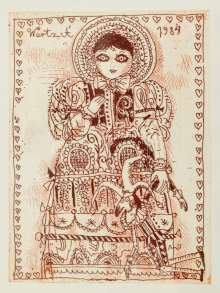 Würtz Ádám (1927-1994): Baba, 1984. Rézkarc, papír, jelzett a karcon, üvegezett fakeretben, 10,5×7,5 cm